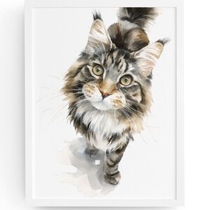 Watercolor Maine Coon Cat Illustration Wall Art Print Unframed